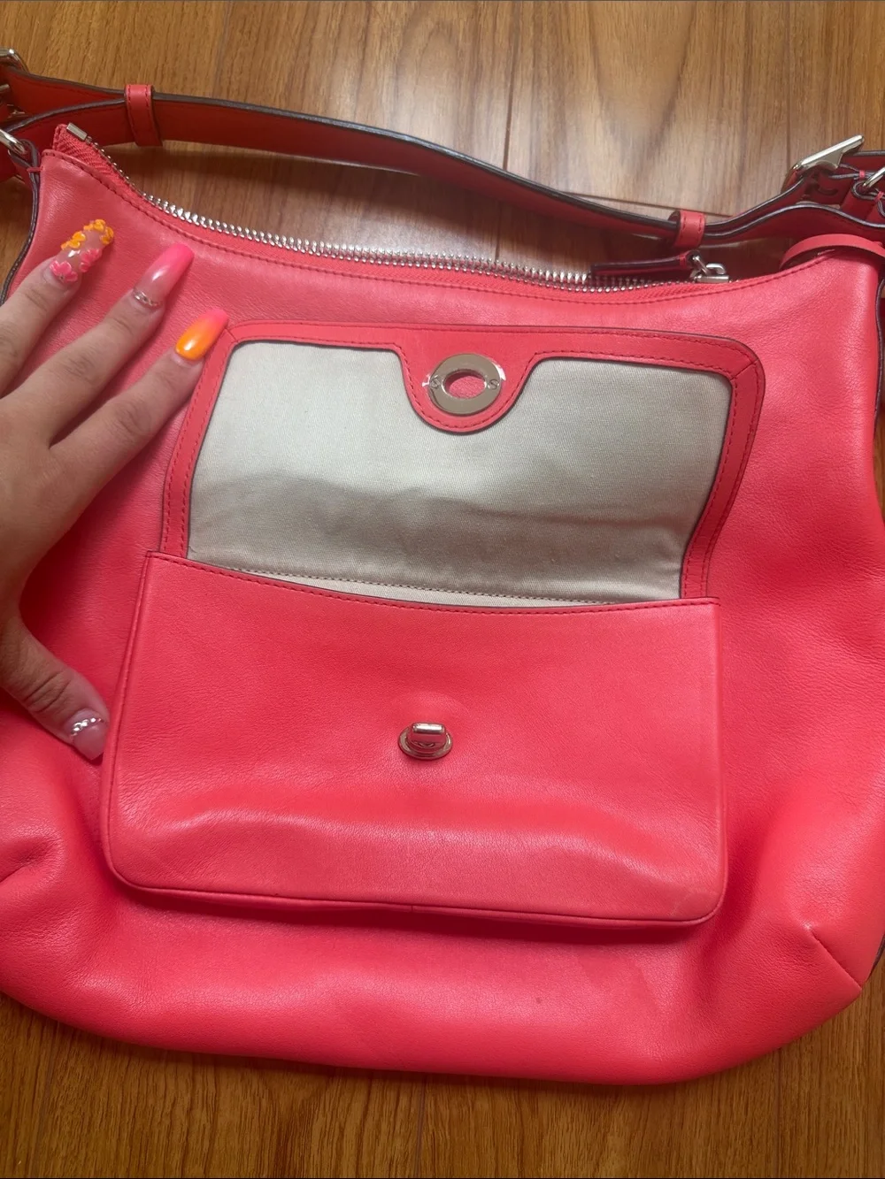 Coach Red Leather Shoulder Bag with Front Pocket and Tassel